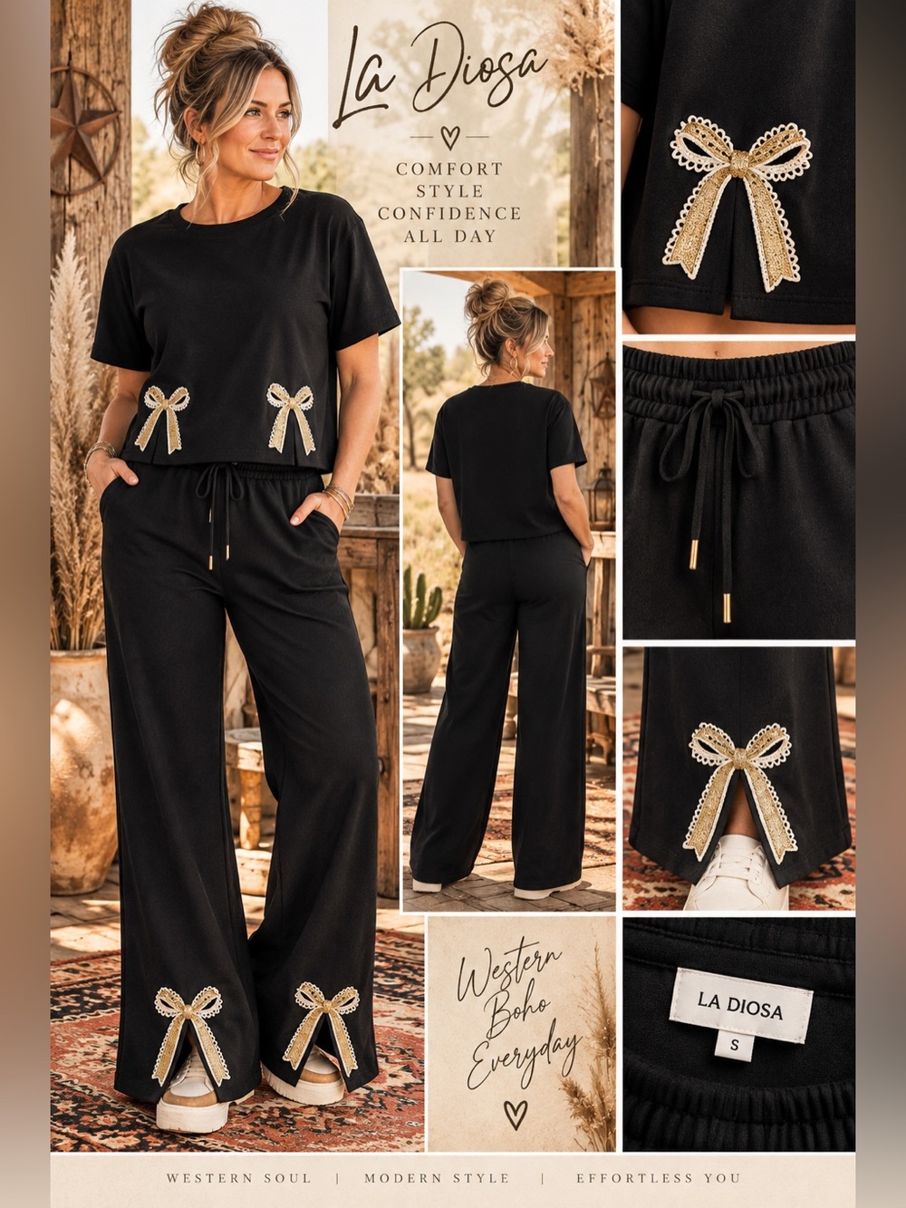 Black Wide-Leg Embellished Lounge Pants